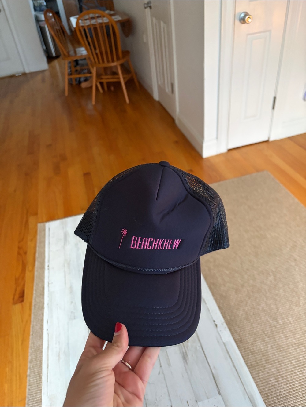 Beach Crew Navy Trucker Hat with Pink Embroidery